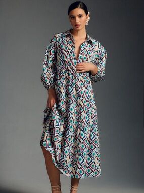 Maeve by Anthropologie Bettina Tiered Shirt Dress, Beige Geometric Print Medium